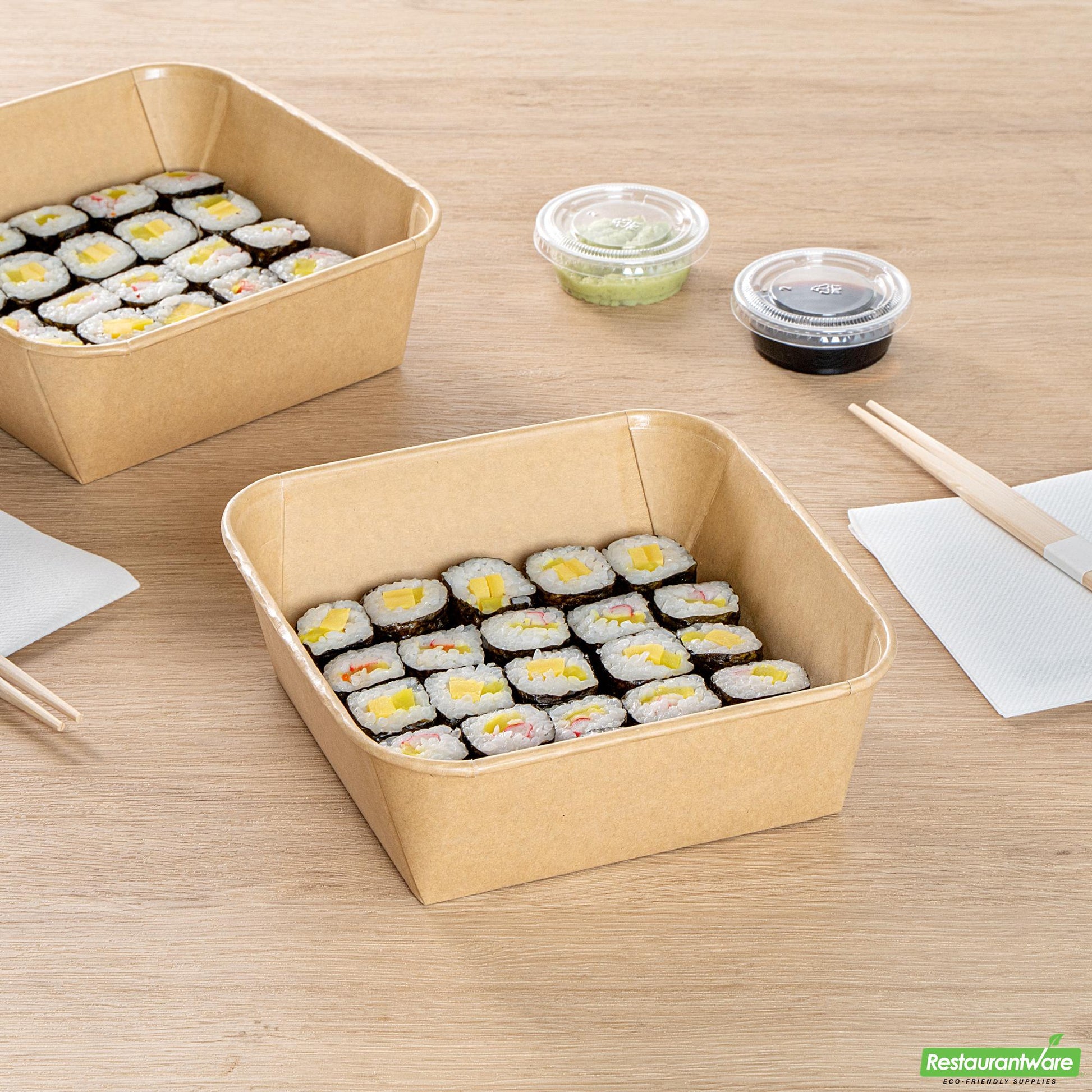 Wholesale Restaurantware 45 Oz Square Kraft Paper Sushi Container - 6.9" X 6.9" X 2.3"- Bulk