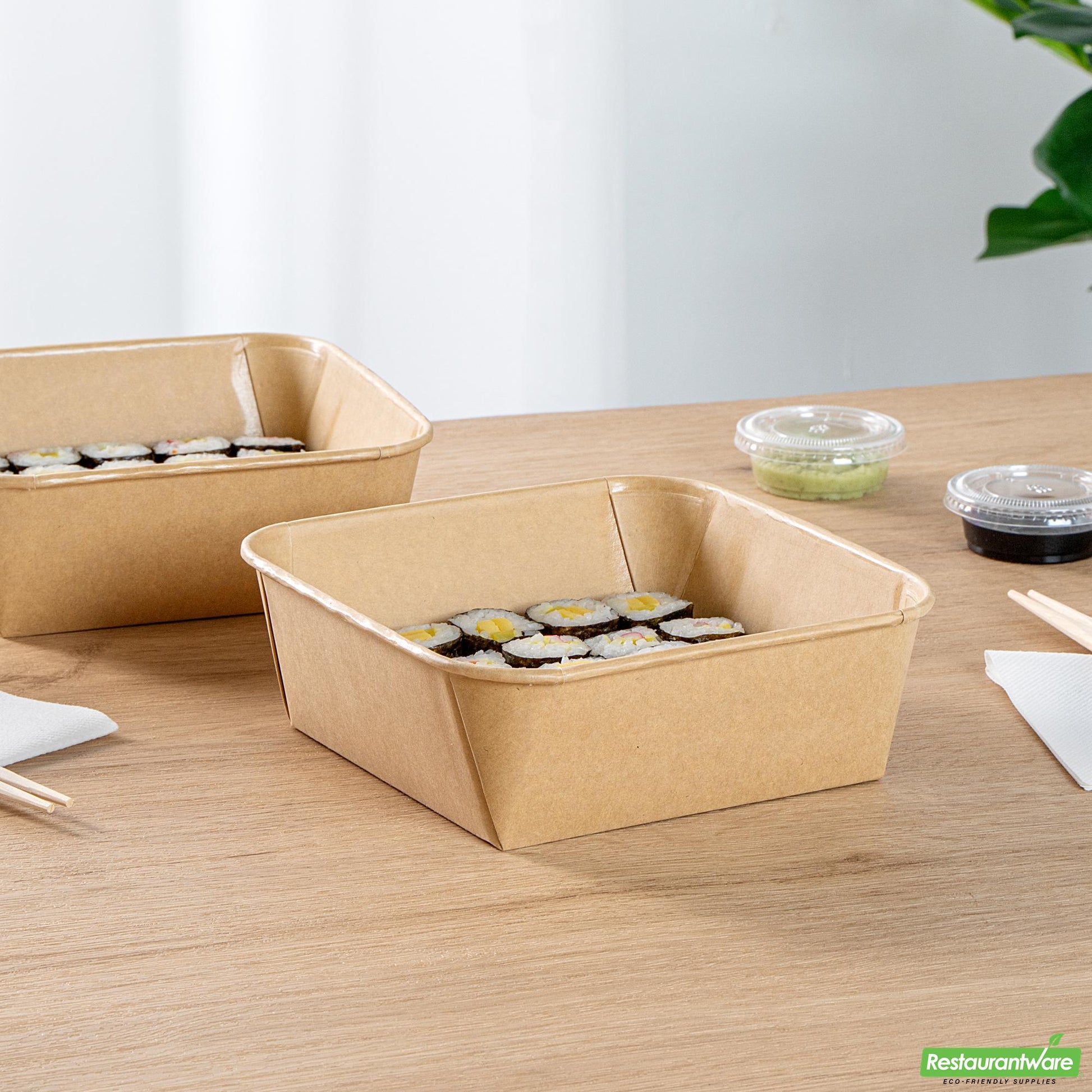 Wholesale Restaurantware 45 Oz Square Kraft Paper Sushi Container - 6.9" X 6.9" X 2.3"- Bulk