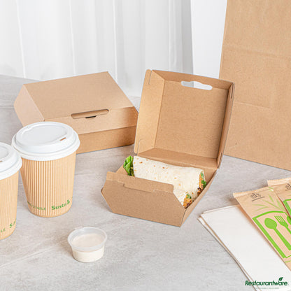 Wholesale Restaurantware Square Kraft Paper Corrugated Clamshell Container - 4" X 4" X 2.8"- Bulk