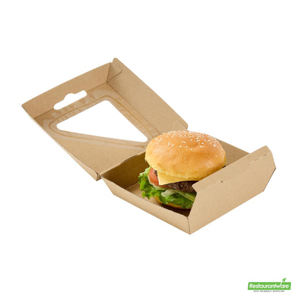 Wholesale Restaurantware Eco Tek Kraft Paper Corrugated Burger Box - with Pla Window - 5 1/2" X 5 1/2" X 2 3/4" - 100 Count Box- Bulk