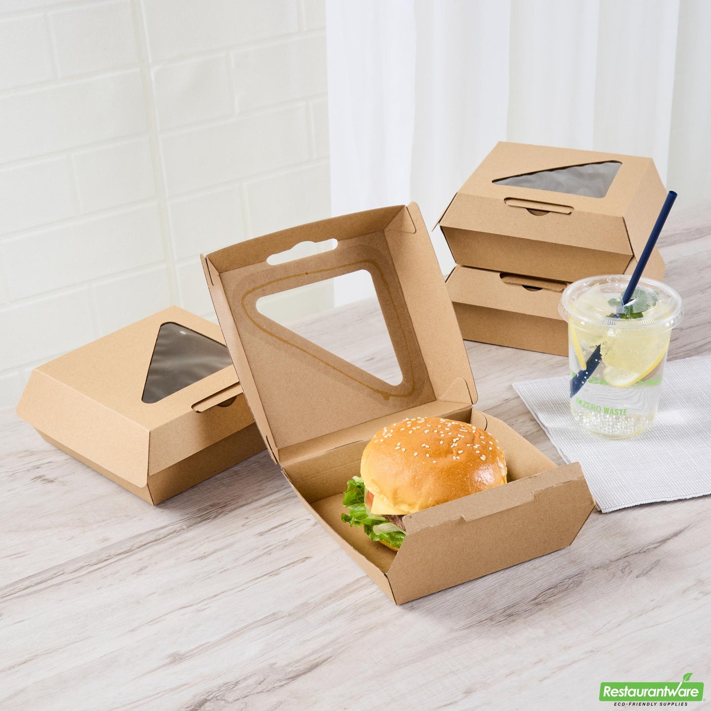 Wholesale Restaurantware Eco Tek Kraft Paper Corrugated Burger Box - with Pla Window - 5 1/2" X 5 1/2" X 2 3/4" - 100 Count Box- Bulk