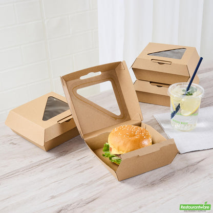Wholesale Restaurantware Eco Tek Kraft Paper Corrugated Burger Box - with Pla Window - 5 1/2" X 5 1/2" X 2 3/4" - 100 Count Box- Bulk