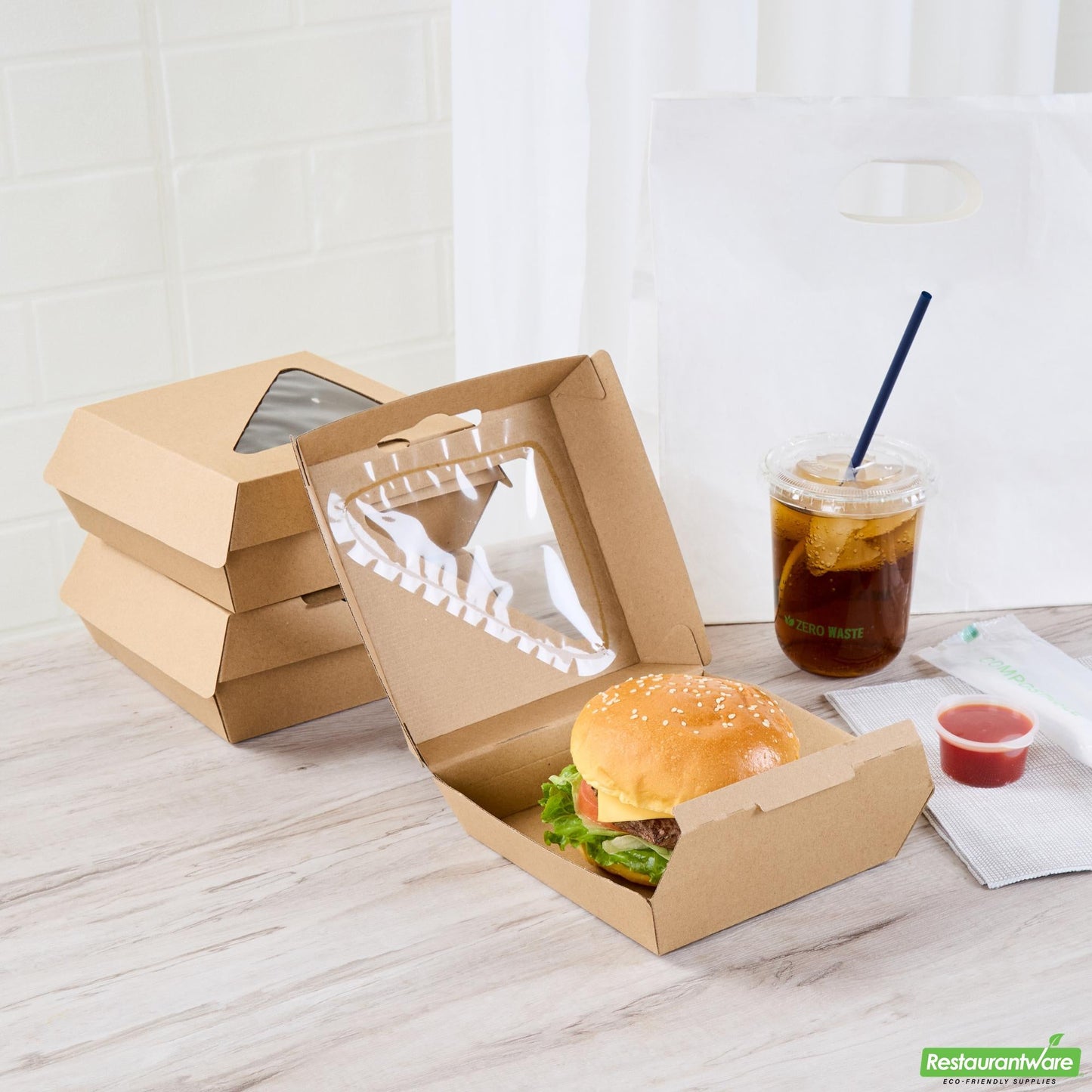 Wholesale Restaurantware Eco Tek Kraft Paper Corrugated Burger Box - with Pla Window - 5 1/2" X 5 1/2" X 2 3/4" - 100 Count Box- Bulk