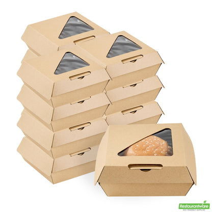 Wholesale Restaurantware Eco Tek Kraft Paper Corrugated Burger Box - with Pla Window - 5 1/2" X 5 1/2" X 2 3/4" - 100 Count Box- Bulk