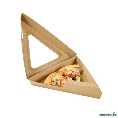 Wholesale Restaurantware Kraft Paper Corrugated Pizza Slice Box - Clamshell, with Pla Window - 8.3"×9.3"×1.9"- Bulk