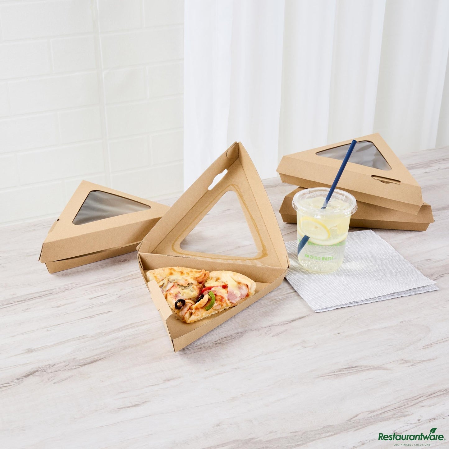 Wholesale Restaurantware Kraft Paper Corrugated Pizza Slice Box - Clamshell, with Pla Window - 8.3"×9.3"×1.9"- Bulk