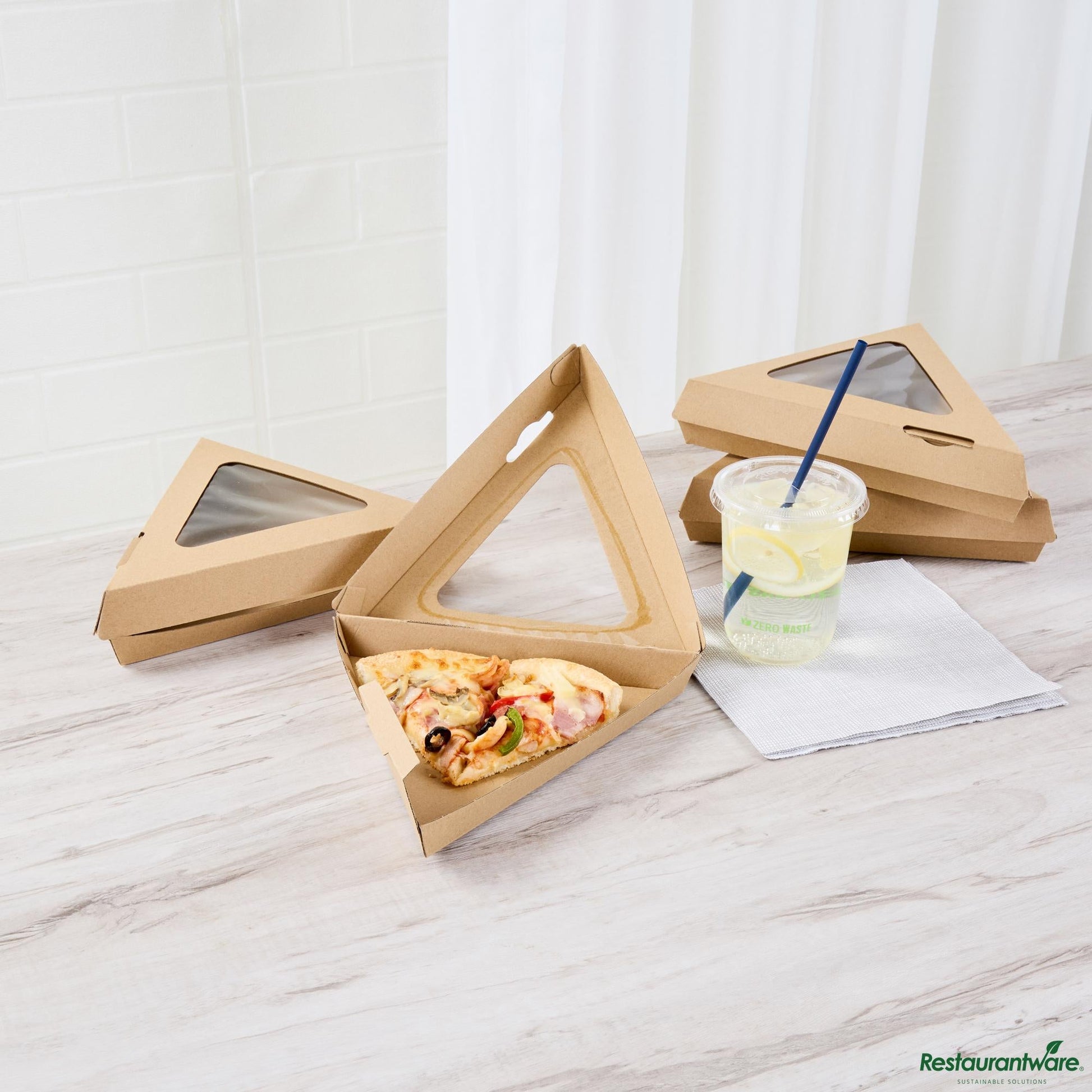 Wholesale Restaurantware Kraft Paper Corrugated Pizza Slice Box - Clamshell, with Pla Window - 8.3"×9.3"×1.9"- Bulk