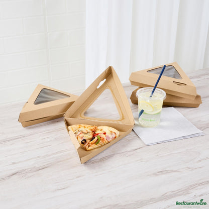 Wholesale Restaurantware Kraft Paper Corrugated Pizza Slice Box - Clamshell, with Pla Window - 8.3"×9.3"×1.9"- Bulk