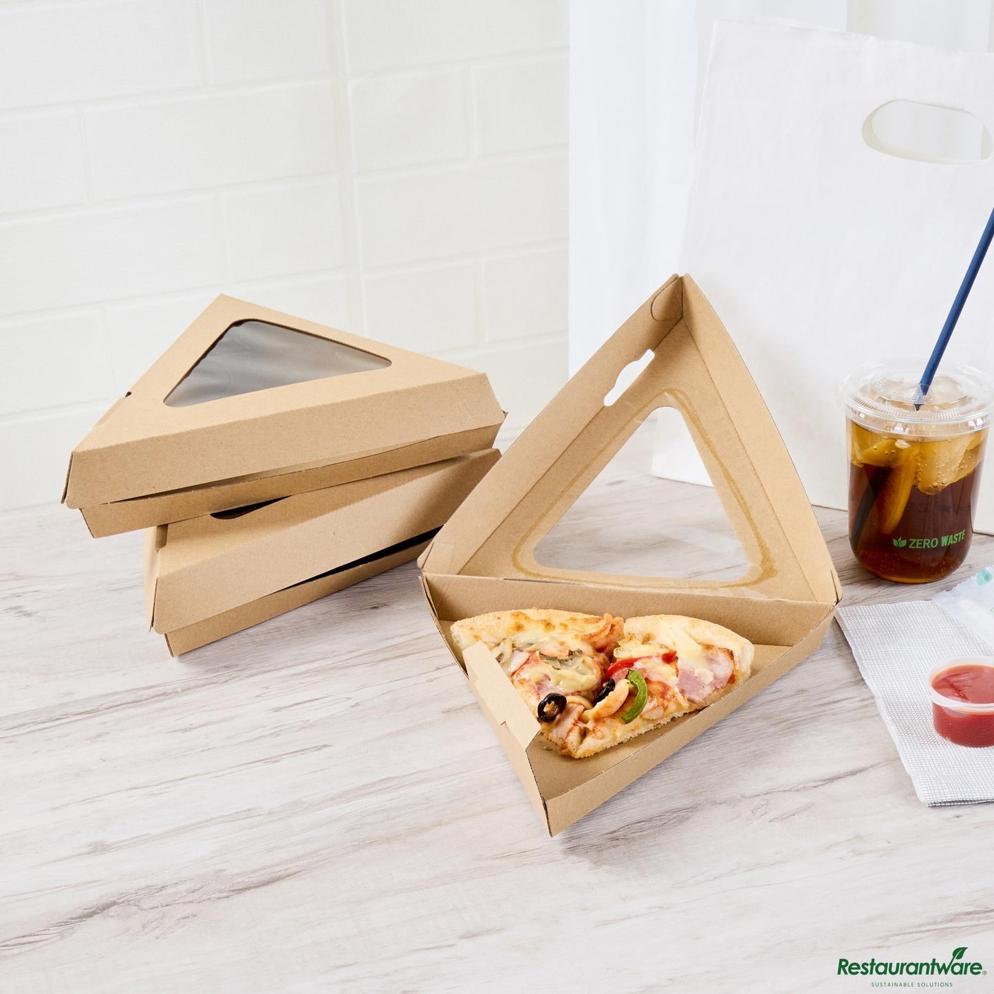 Wholesale Restaurantware Kraft Paper Corrugated Pizza Slice Box - Clamshell, with Pla Window - 8.3"×9.3"×1.9"- Bulk