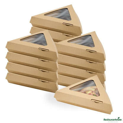 Wholesale Restaurantware Kraft Paper Corrugated Pizza Slice Box - Clamshell, with Pla Window - 8.3"×9.3"×1.9"- Bulk