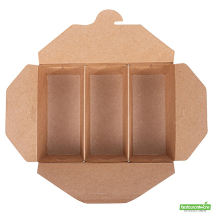 Wholesale Restaurantware Bio Tek Kraft Paper Taco Take Out Container - 3 Compartments - 7 1/2" X 5 1/2" X 2" - 100 Count Box- Bulk