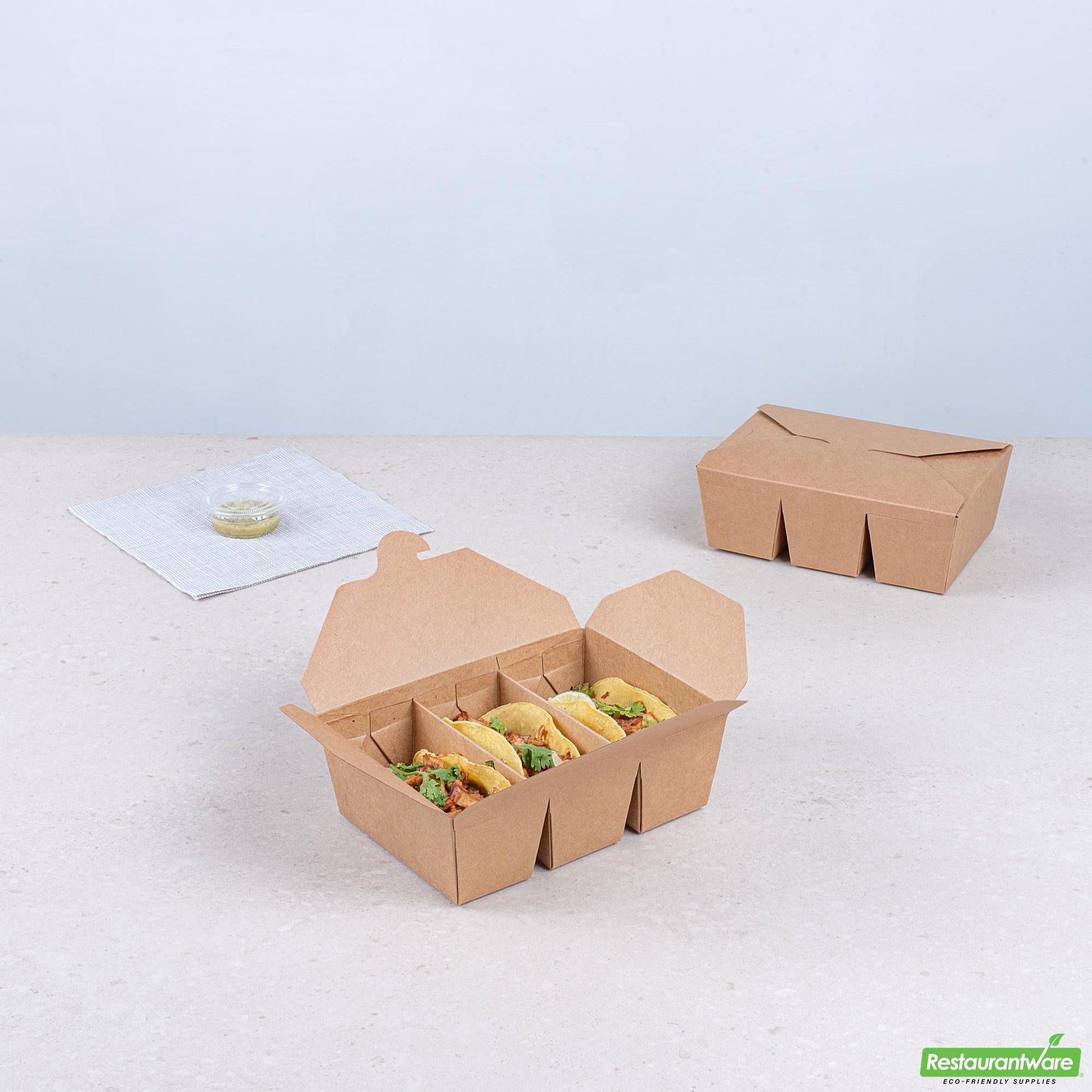 Wholesale Restaurantware Bio Tek Kraft Paper Taco Take Out Container - 3 Compartments - 7 1/2" X 5 1/2" X 2" - 100 Count Box- Bulk