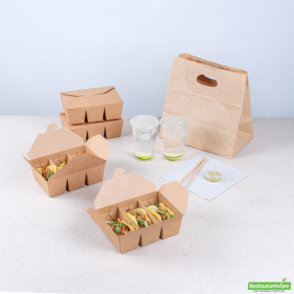Wholesale Restaurantware Bio Tek Kraft Paper Taco Take Out Container - 3 Compartments - 7 1/2" X 5 1/2" X 2" - 100 Count Box- Bulk