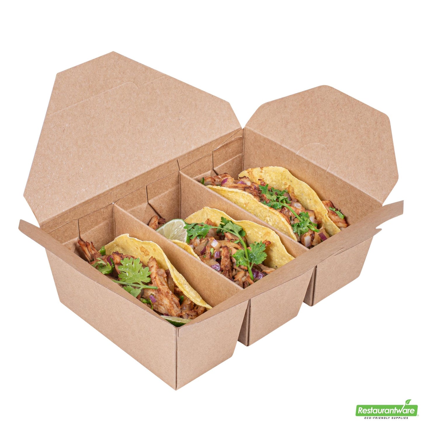 Wholesale Restaurantware Bio Tek Kraft Paper Taco Take Out Container - 3 Compartments - 7 1/2" X 5 1/2" X 2" - 100 Count Box- Bulk