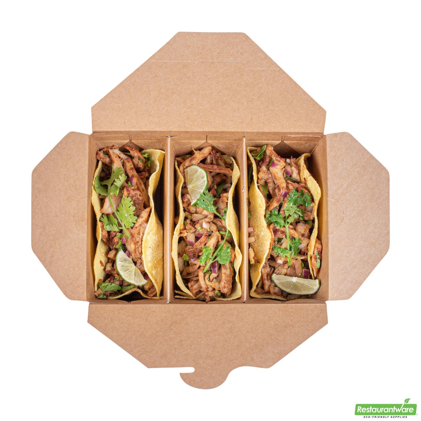 Wholesale Restaurantware Bio Tek Kraft Paper Taco Take Out Container - 3 Compartments - 7 1/2" X 5 1/2" X 2" - 100 Count Box- Bulk