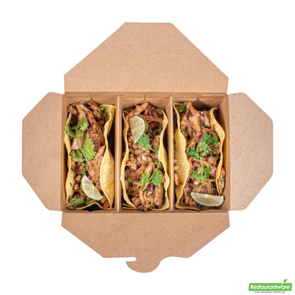 Wholesale Restaurantware Bio Tek Kraft Paper Taco Take Out Container - 3 Compartments - 7 1/2" X 5 1/2" X 2" - 100 Count Box- Bulk