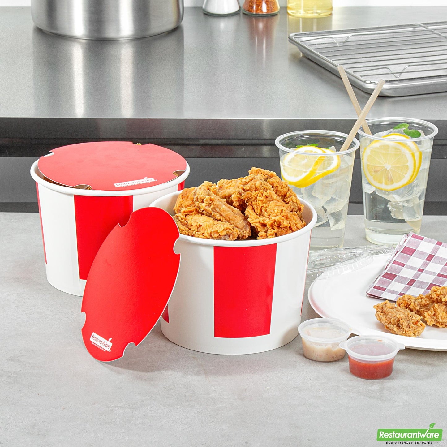 Wholesale Restaurantware 64 Oz Red and White Paper Chicken Bucket - with Lid- Bulk