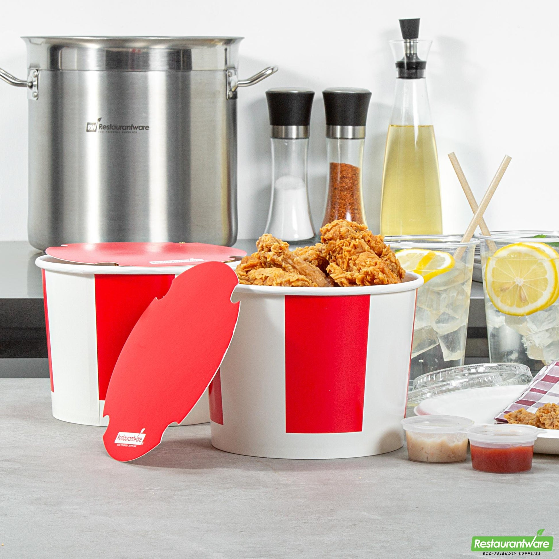 Wholesale Restaurantware 64 Oz Red and White Paper Chicken Bucket - with Lid- Bulk