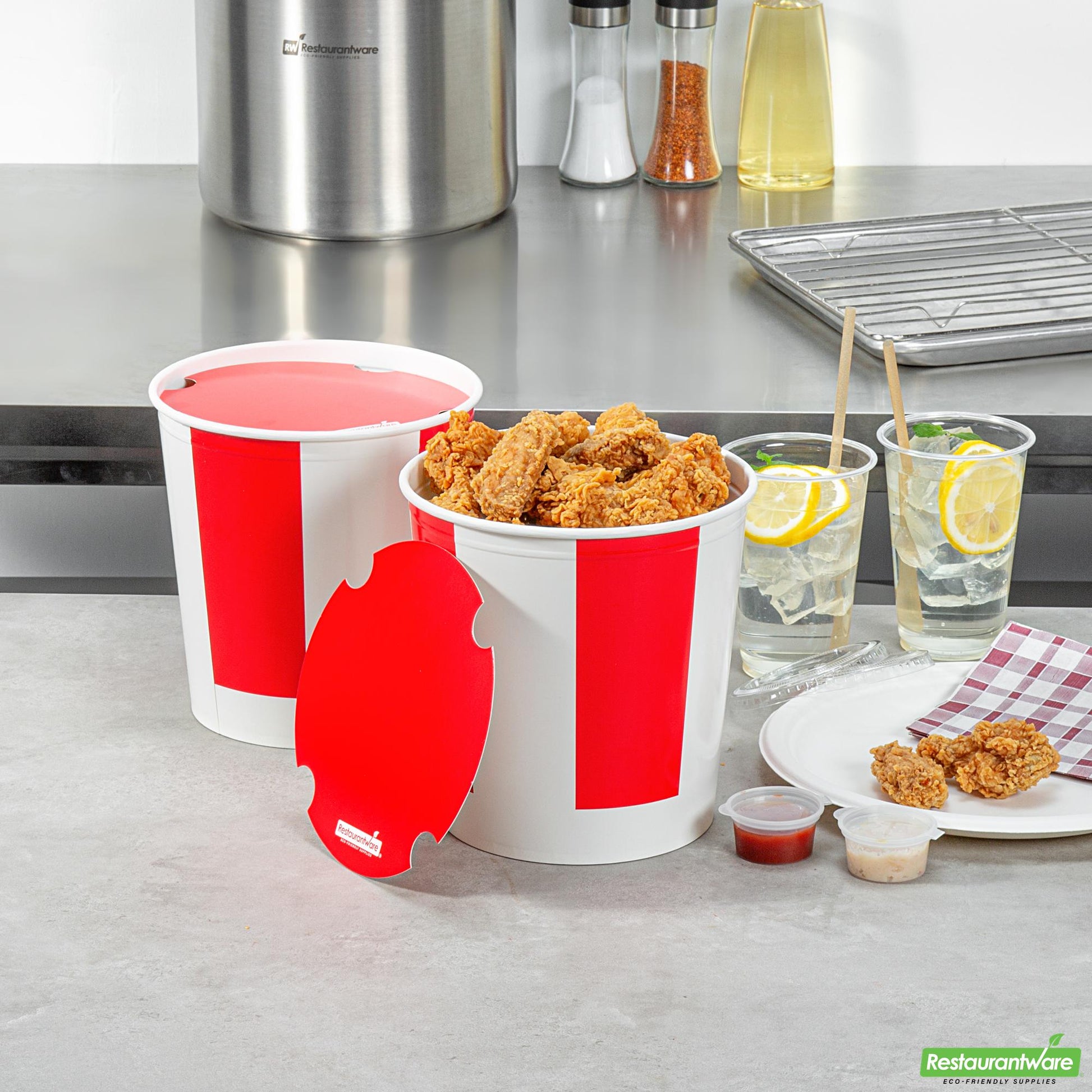 Wholesale Restaurantware 130 Oz Red and White Paper Chicken Bucket - with Lid- Bulk