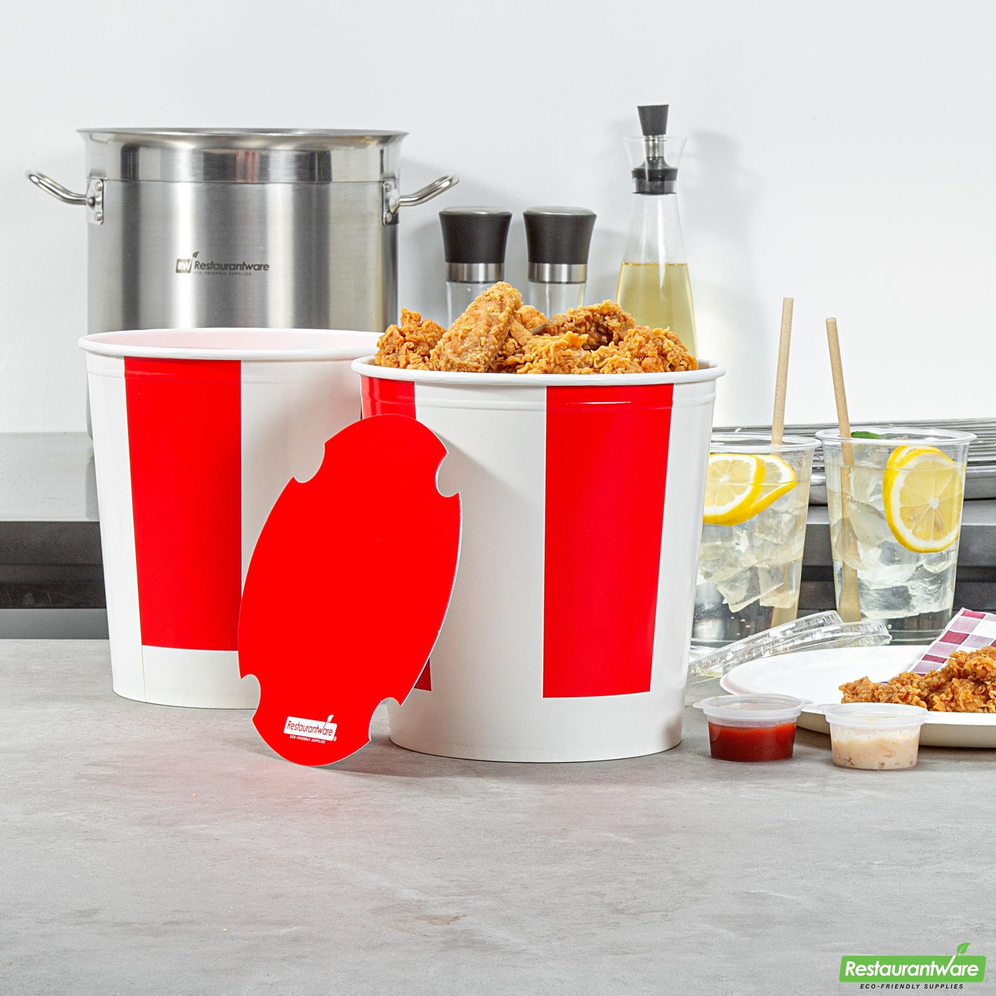 Wholesale Restaurantware 130 Oz Red and White Paper Chicken Bucket - with Lid- Bulk