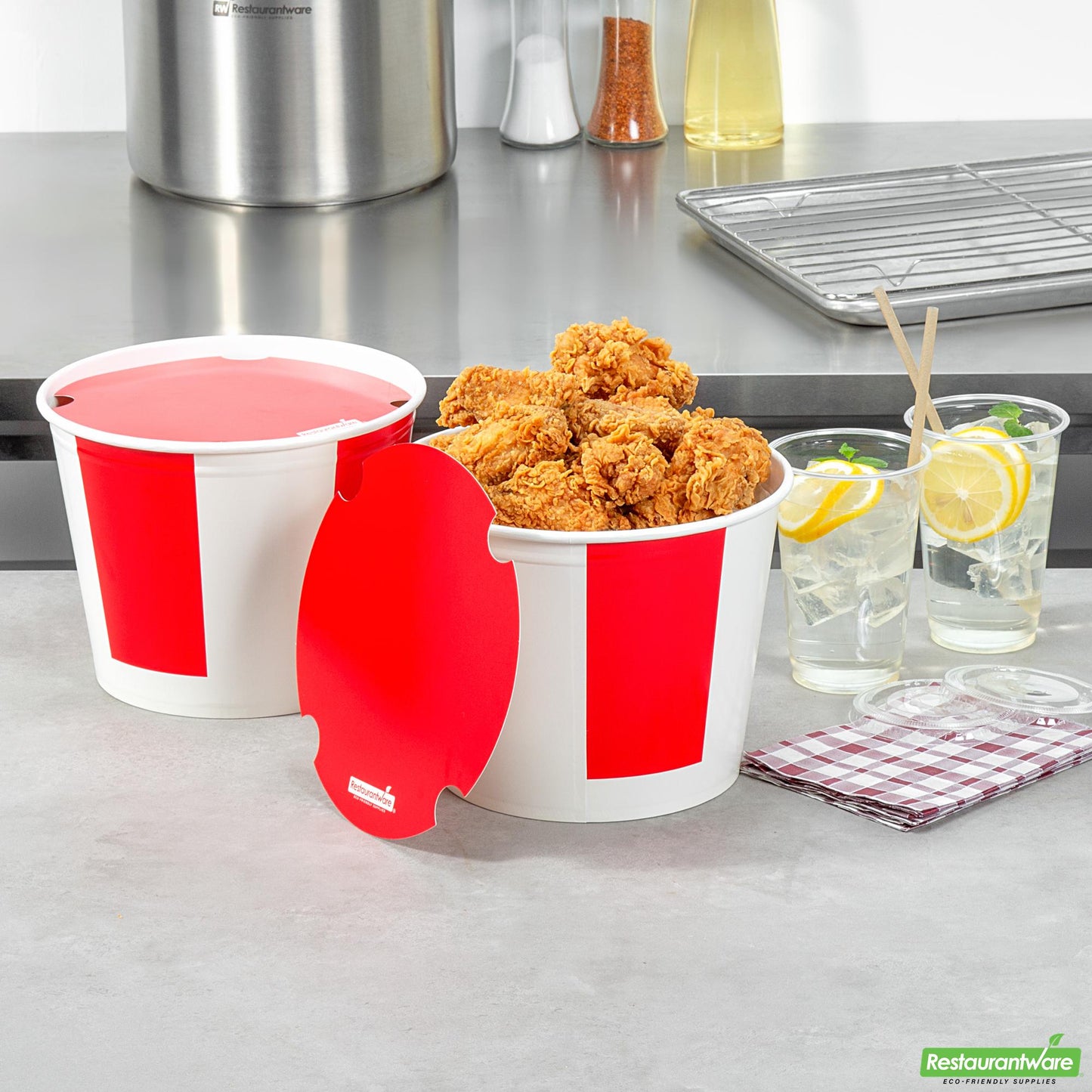 Wholesale Restaurantware 150 Oz Red and White Paper Chicken Bucket - with Lid- Bulk