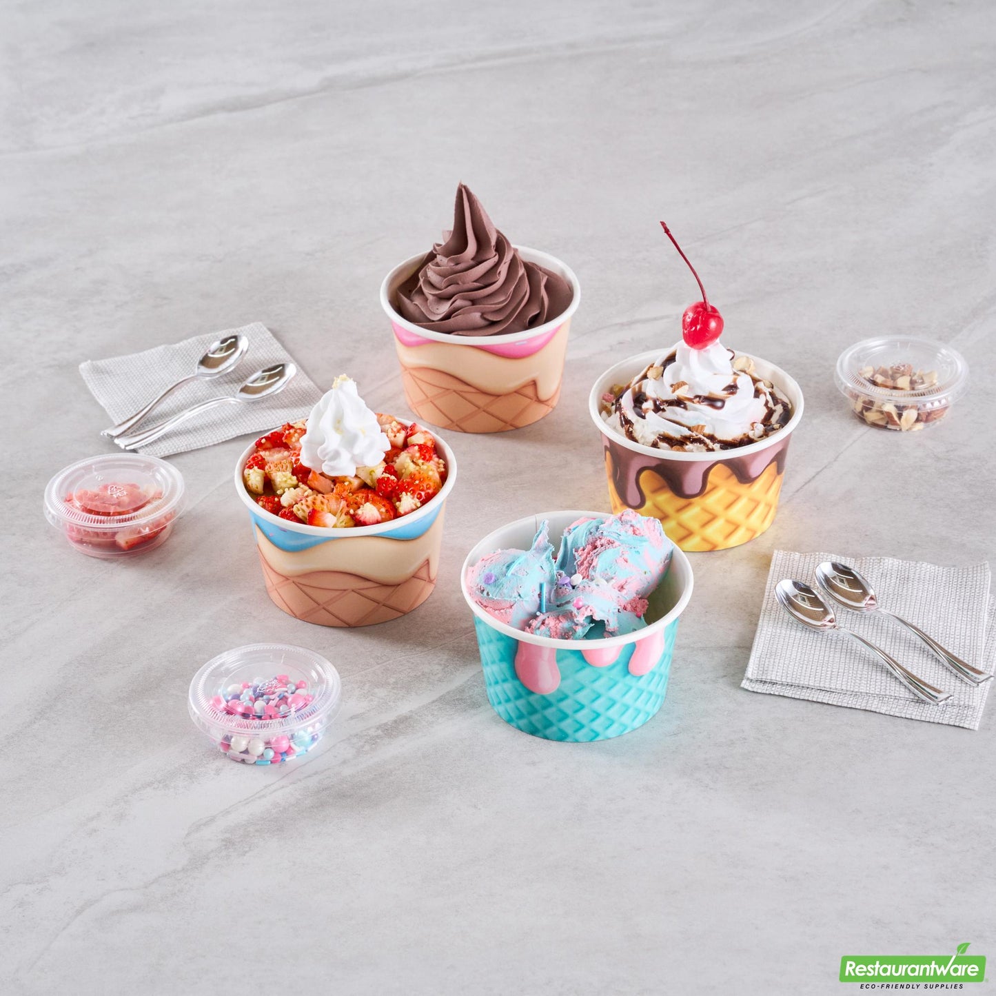 Wholesale Restaurantware 8 Oz Round Assorted Cone Paper to Go Cup - 3.8" X 3.8" X 2.3"- Bulk