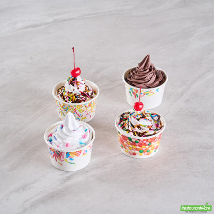 Wholesale Restaurantware 8 Oz Round White Assorted Sprinkle Paper to Go Cup - 3.8" X 3.8" X 2.3"- Bulk