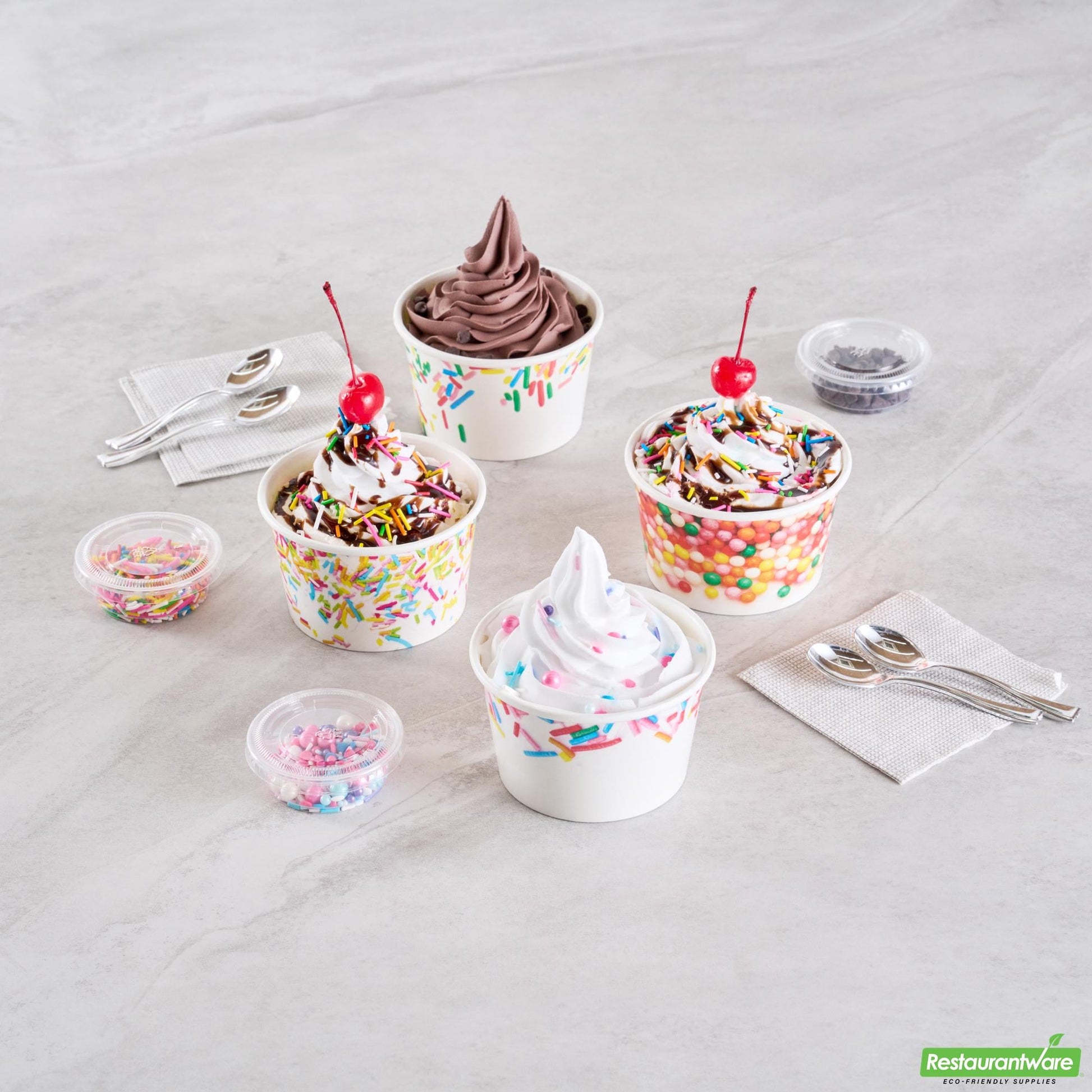 Wholesale Restaurantware 8 Oz Round White Assorted Sprinkle Paper to Go Cup - 3.8" X 3.8" X 2.3"- Bulk