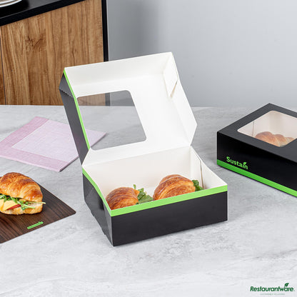 Restaurantware Rectangle Black Paper Auto-Popup Bakery Box-with Pla Lining and Window - 9" X 7" X 3"