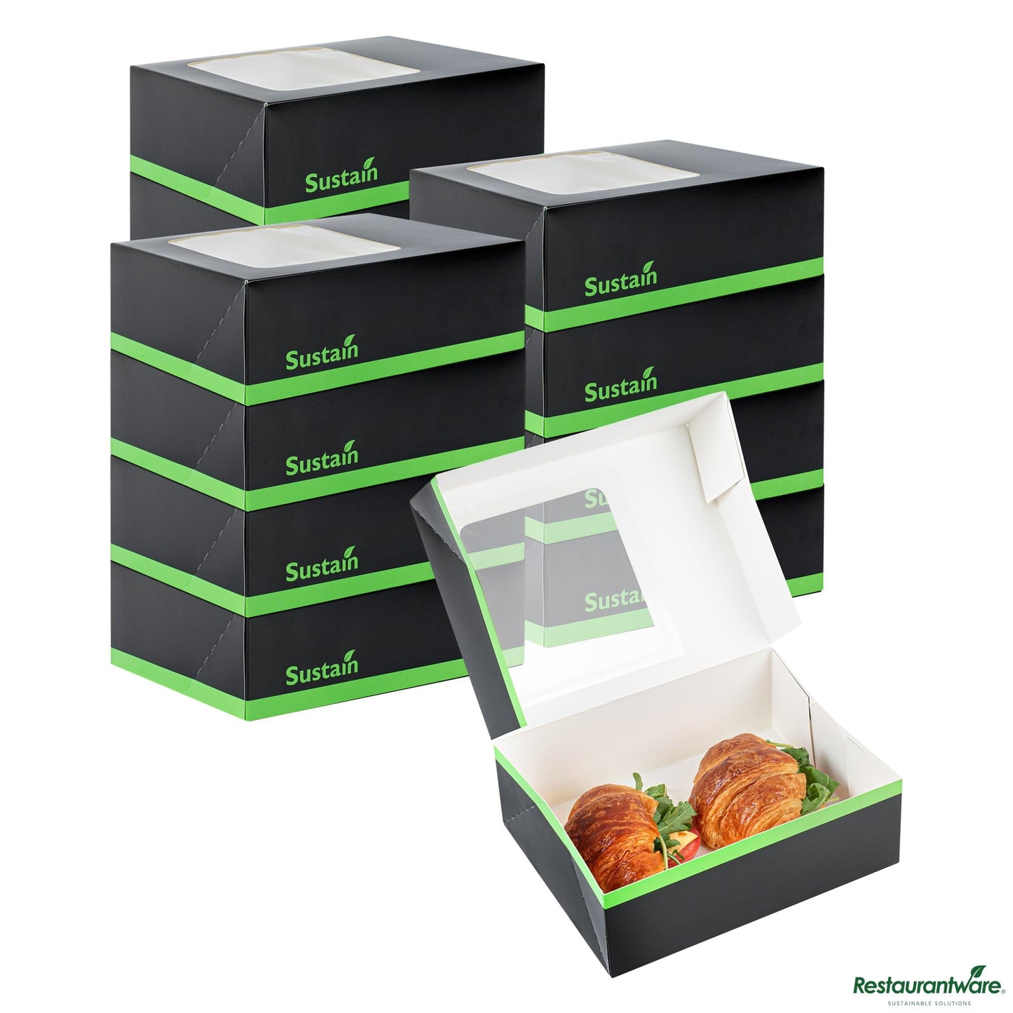 Restaurantware Rectangle Black Paper Auto-Popup Bakery Box-with Pla Lining and Window - 9" X 7" X 3"