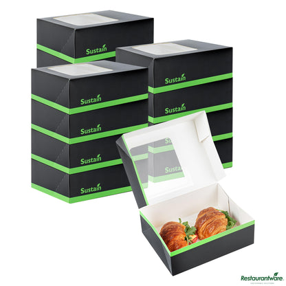 Restaurantware Rectangle Black Paper Auto-Popup Bakery Box-with Pla Lining and Window - 9" X 7" X 3"