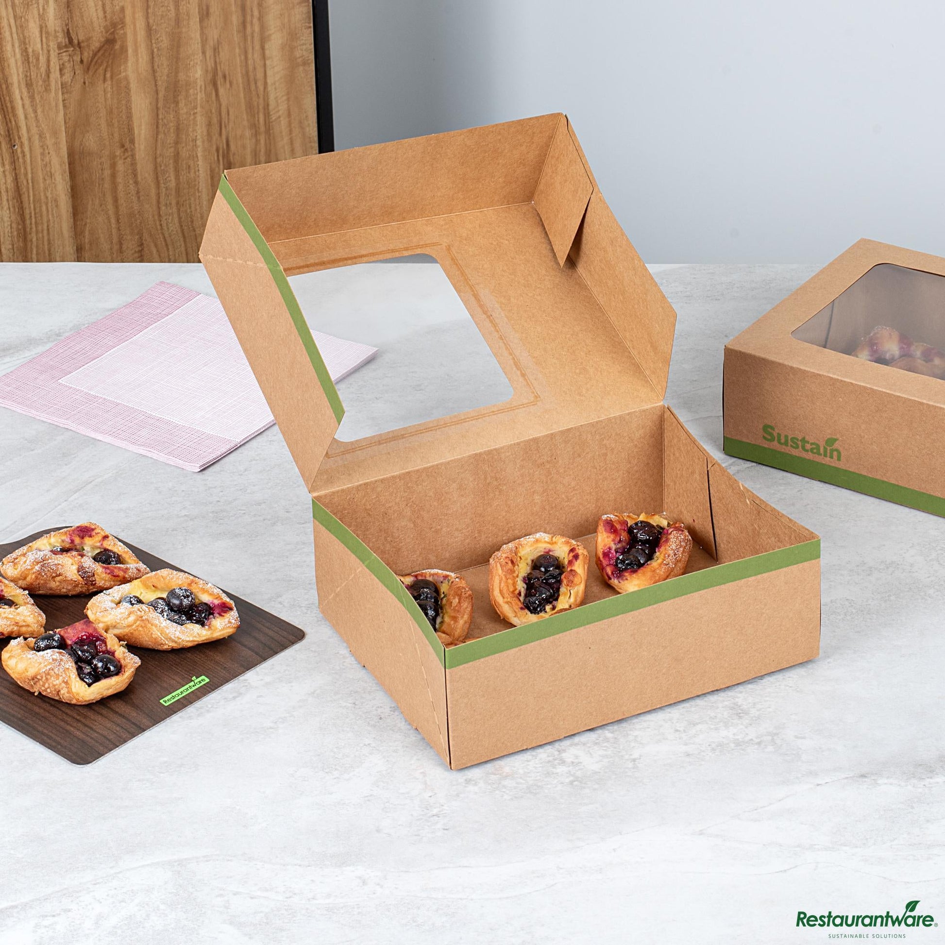 Wholesale Restaurantware Rectangle Kraft Paper Auto-Popup Bakery Box-with Pla Lining and Window - 9" X 7" X 3"- Bulk