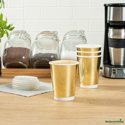 Wholesale Restaurantware 12 Oz Metallic Gold Paper Hot / Cold Cup - 3.5" X 3.5" X 4.3"- Bulk