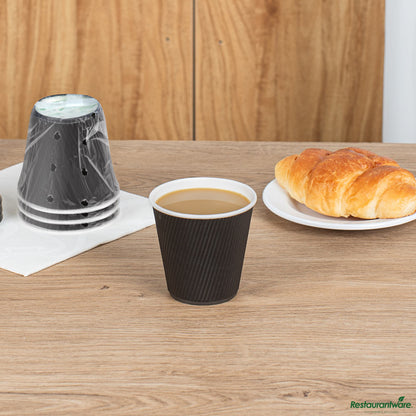 Wholesale Restaurantware 8 Oz Black Paper Hot Cup - Individually Wrapped, Ripple Wall - 3.5" X 3.5" X 3.3"- Bulk