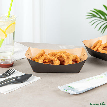 Wholesale Restaurantware 1 1/2 Lb Black Paper #300 Food Tray / Boat - 7.5"×5.7"×2.1"- Bulk