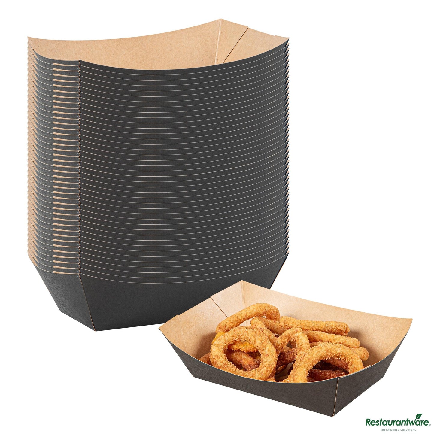 Wholesale Restaurantware 1 1/2 Lb Black Paper #300 Food Tray / Boat - 7.5"×5.7"×2.1"- Bulk