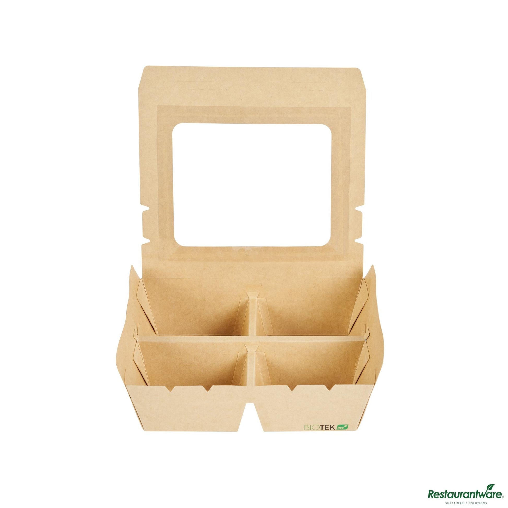 Wholesale Restaurantware 28 Oz Rectangle Kraft Paperboard Bento Box -Pet Window, 4 Compartments - 7.9"×6.9"×2.2"- Bulk