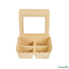 Wholesale Restaurantware 28 Oz Rectangle Kraft Paperboard Bento Box -Pet Window, 4 Compartments - 7.9"×6.9"×2.2"- Bulk