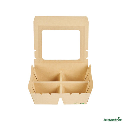 Wholesale Restaurantware 28 Oz Rectangle Kraft Paperboard Bento Box -Pet Window, 4 Compartments - 7.9"×6.9"×2.2"- Bulk