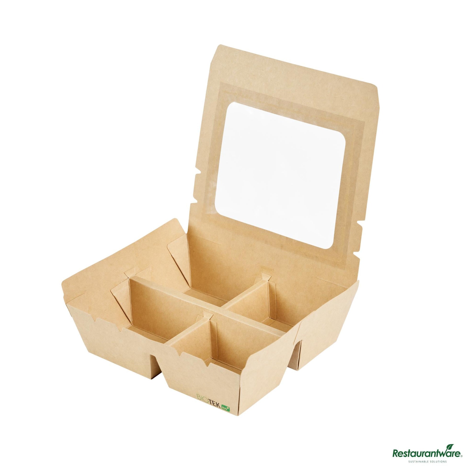 Wholesale Restaurantware 28 Oz Rectangle Kraft Paperboard Bento Box -Pet Window, 4 Compartments - 7.9"×6.9"×2.2"- Bulk