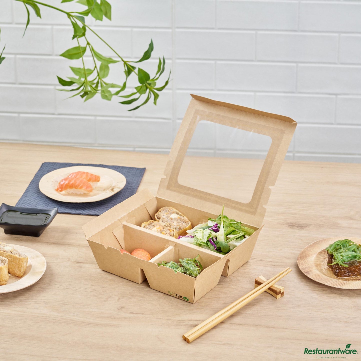 Wholesale Restaurantware 28 Oz Rectangle Kraft Paperboard Bento Box -Pet Window, 4 Compartments - 7.9"×6.9"×2.2"- Bulk