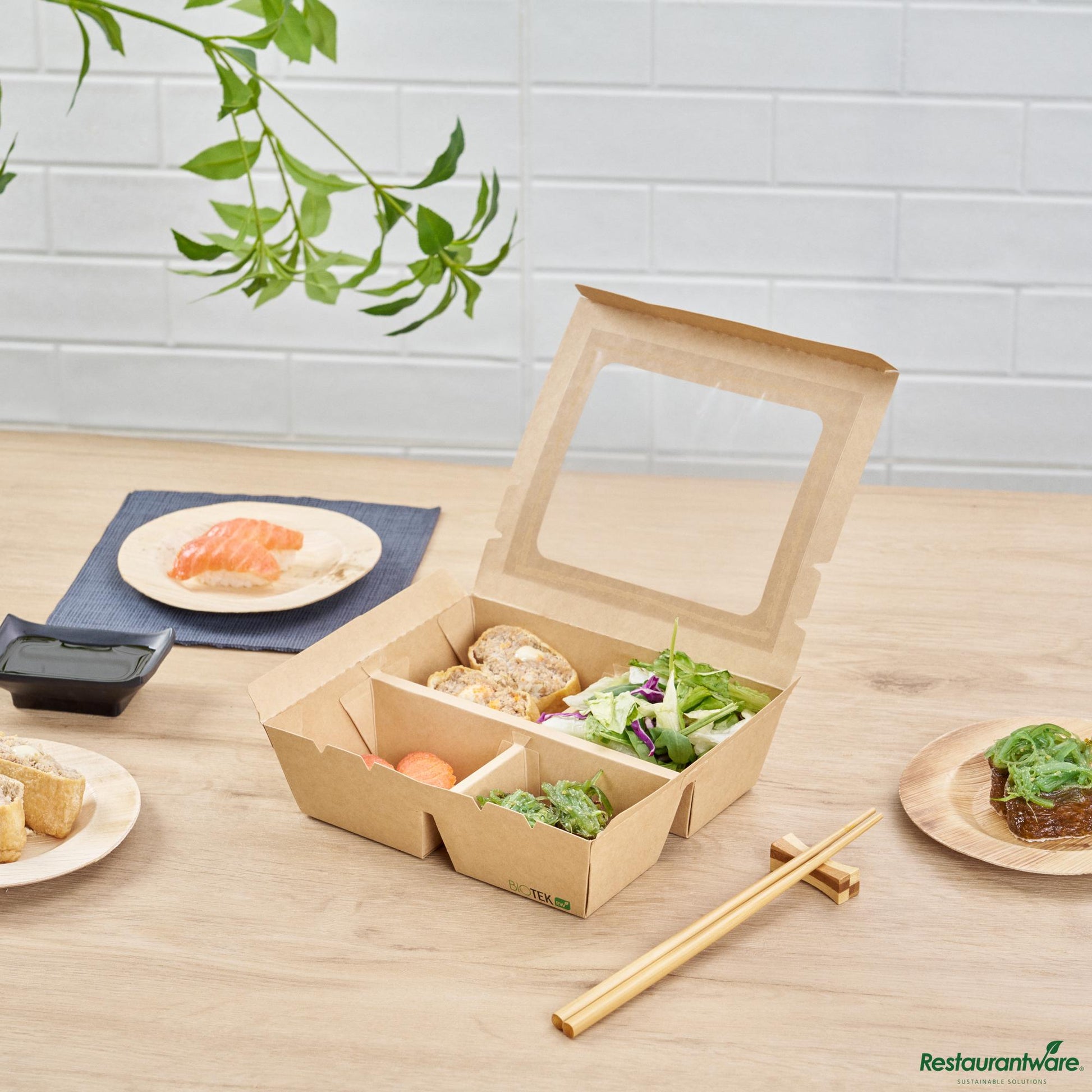 Wholesale Restaurantware 28 Oz Rectangle Kraft Paperboard Bento Box -Pet Window, 4 Compartments - 7.9"×6.9"×2.2"- Bulk