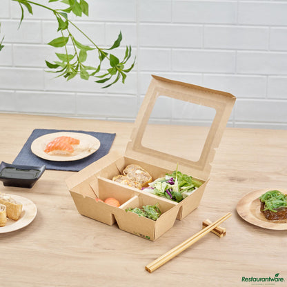 Wholesale Restaurantware 28 Oz Rectangle Kraft Paperboard Bento Box -Pet Window, 4 Compartments - 7.9"×6.9"×2.2"- Bulk