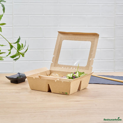 Wholesale Restaurantware 28 Oz Rectangle Kraft Paperboard Bento Box -Pet Window, 4 Compartments - 7.9"×6.9"×2.2"- Bulk