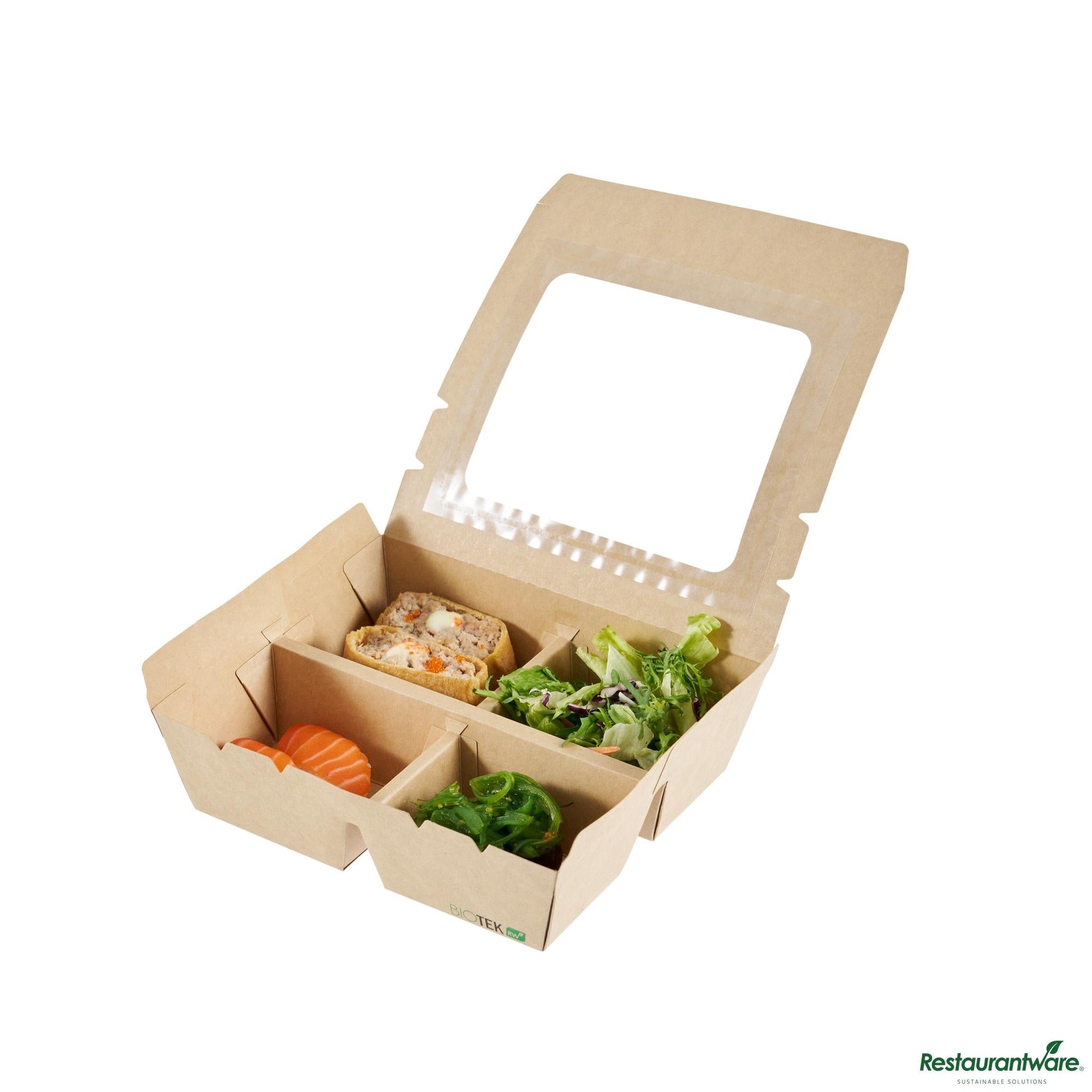 Wholesale Restaurantware 28 Oz Rectangle Kraft Paperboard Bento Box -Pet Window, 4 Compartments - 7.9"×6.9"×2.2"- Bulk
