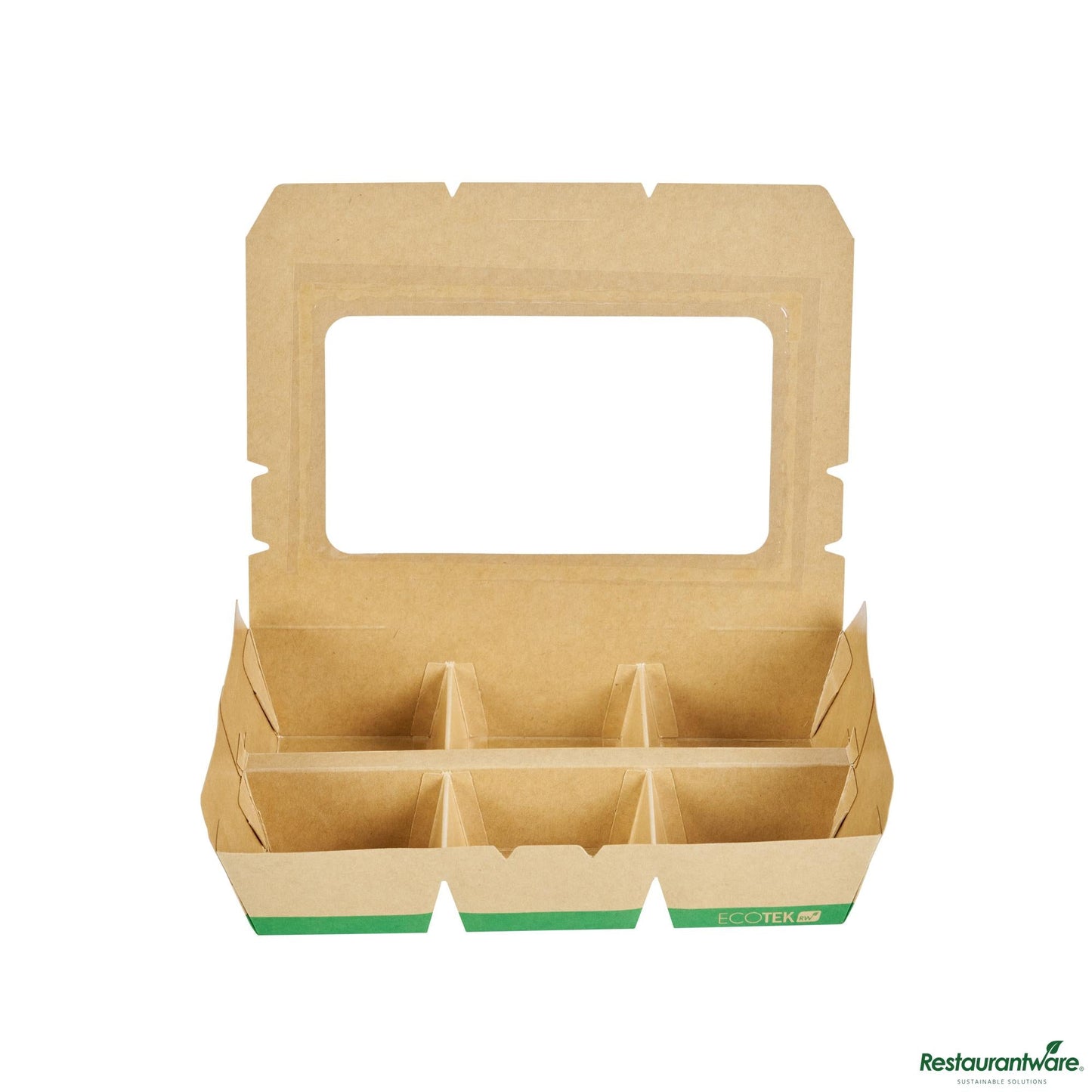 Wholesale Restaurantware 23 Oz Rectangle Kraft Paperboard Bento Box -Pla Window, 6 Compartments - 9.1"×6.1"×1.8"- Bulk