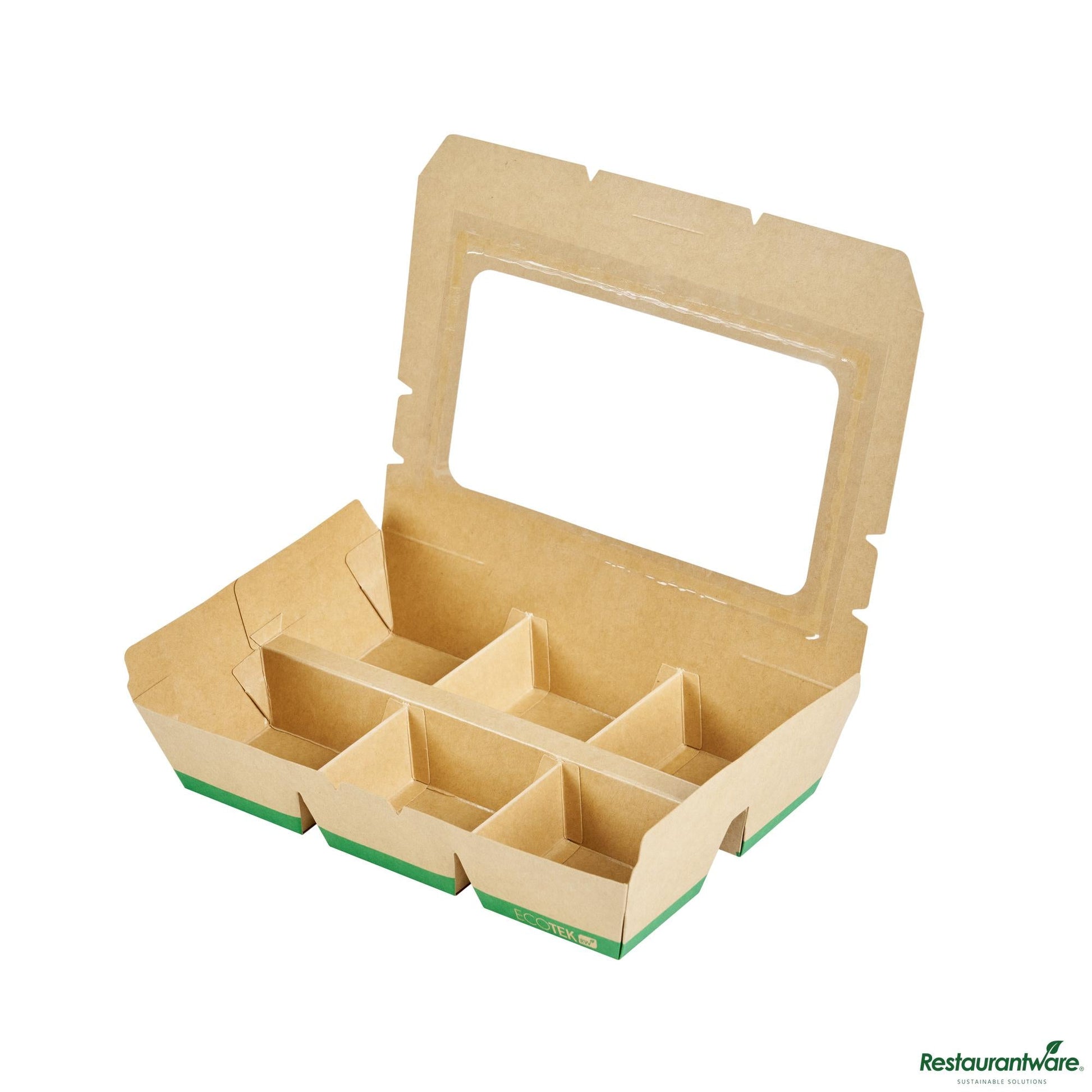 Wholesale Restaurantware 23 Oz Rectangle Kraft Paperboard Bento Box -Pla Window, 6 Compartments - 9.1"×6.1"×1.8"- Bulk