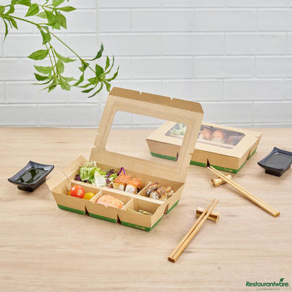 Wholesale Restaurantware 23 Oz Rectangle Kraft Paperboard Bento Box -Pla Window, 6 Compartments - 9.1"×6.1"×1.8"- Bulk
