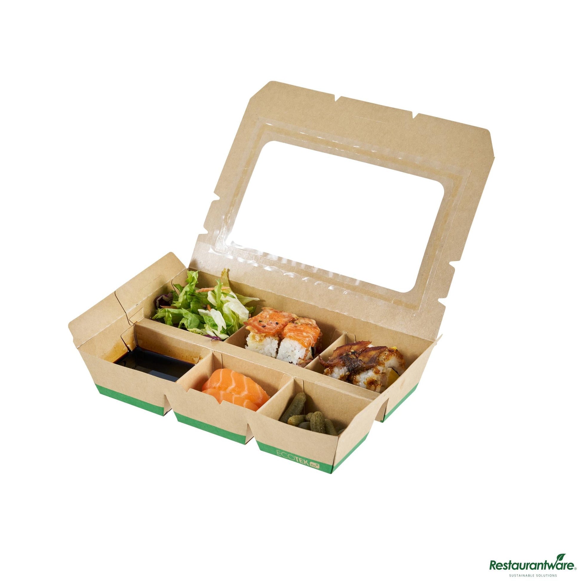 Wholesale Restaurantware 23 Oz Rectangle Kraft Paperboard Bento Box -Pla Window, 6 Compartments - 9.1"×6.1"×1.8"- Bulk