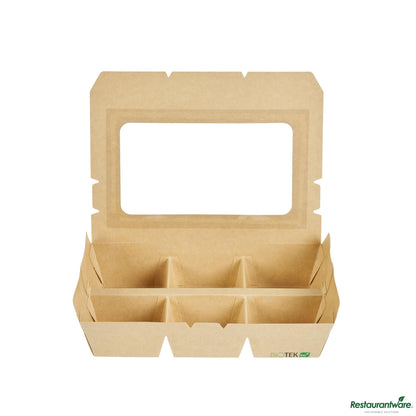 Wholesale Restaurantware 23 Oz Rectangle Kraft Paperboard Bento Box -Pet Window, 6 Compartments - 9.1"×6.1"×1.8"- Bulk